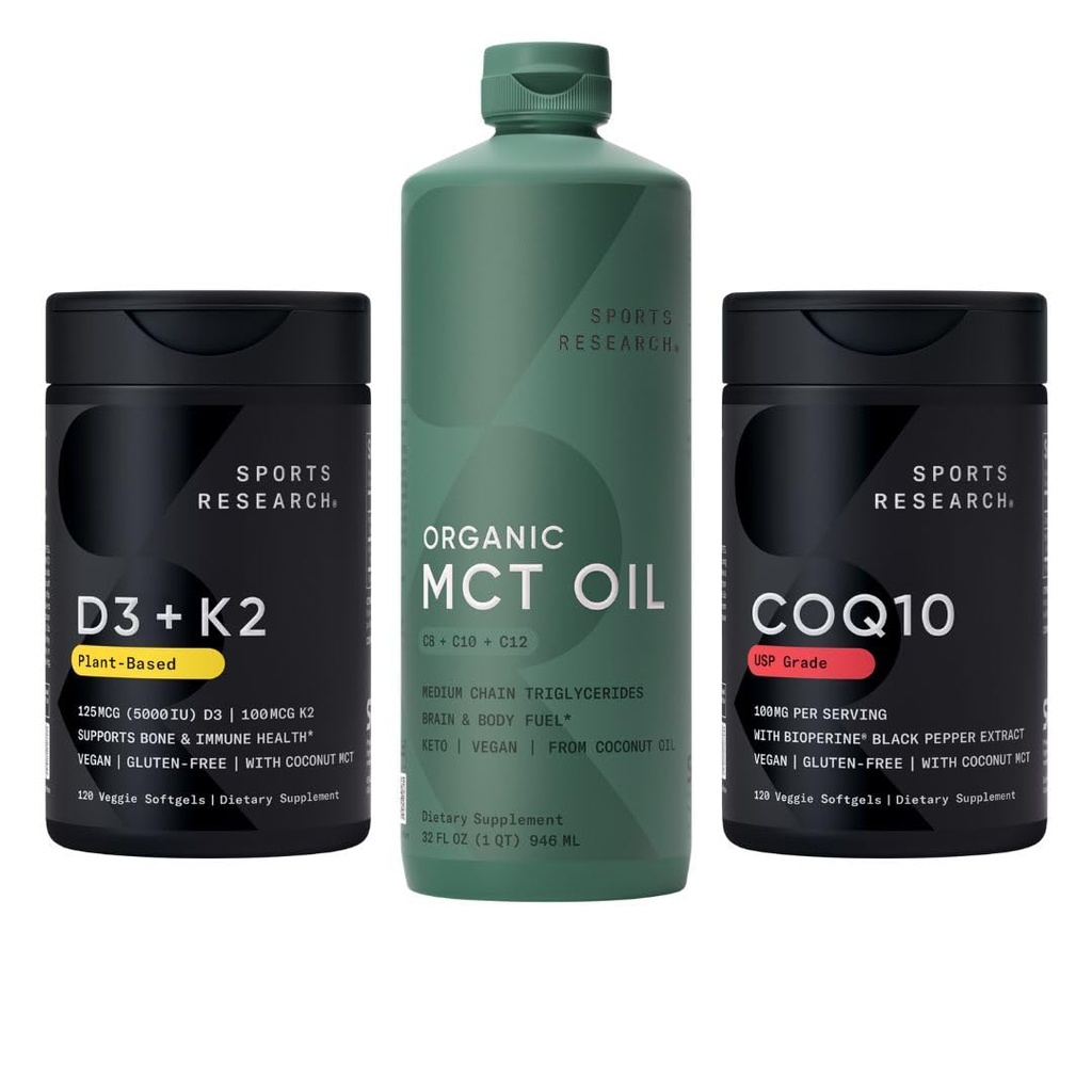 Sports Research® Vegan Supplements Pack - Vegan D3 + K2 + Organic MCT Oil + CoQ10