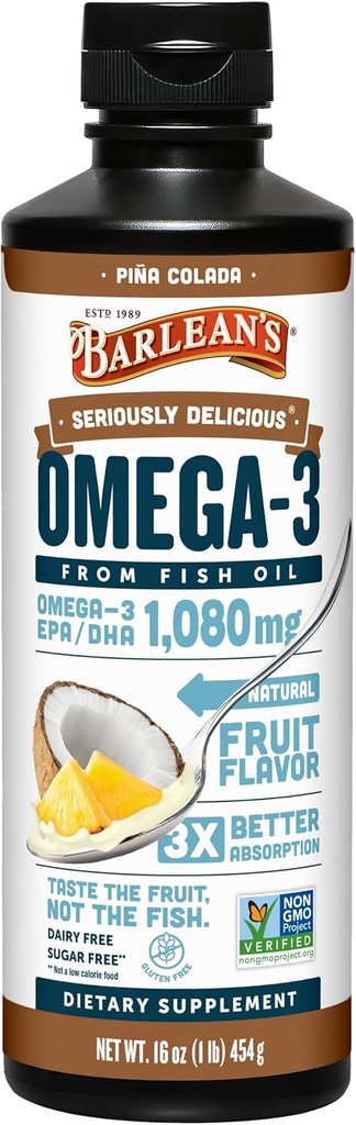 Συμπλήρωμα Omega 3 ιχθυελαίου Barlean για άνδρες και γυναίκες, Pina Colada, 1080mg EPA και DHA λιπαρά οξέα, 16 oz