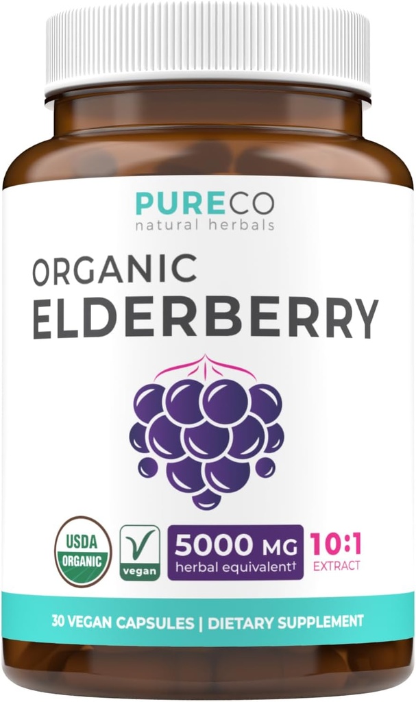 Organic Elderberry Capses - 10:1 Extract Equals 5.000mg Fresh Elderberries (Vegan) for Immune Support, Allergy, Sinus Relief - Sambucus Nigra - Black Elderberry - 30 Caps (No Pills or Gummies)
