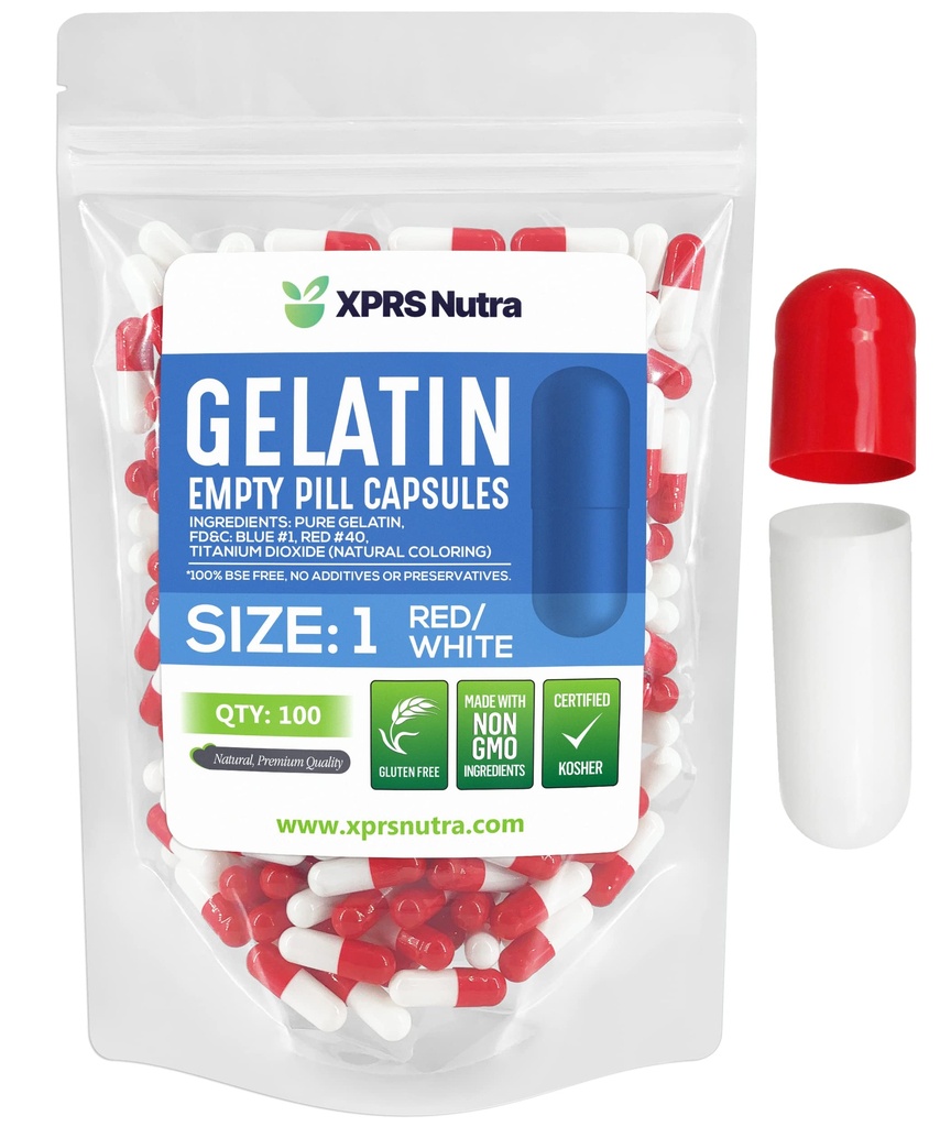 XPRS Nutra Size 1 Empty Capsules - 100 Count Empty Gelatin Capsules - Empty Pills DIY Capsule Filling - Pure Bovine Pill Gel Caps for Do-It-Yourself Supplements (Red/White)