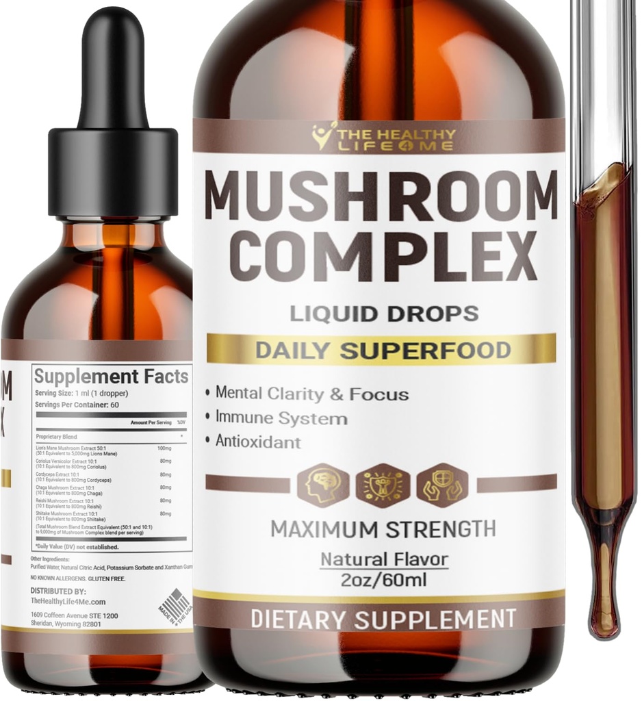 Sıvı Mushroom Kompleksi | Herbal Liquid Drops / Mushroom Supplement | Lion's Mane, Reishi, Shiitake, Chaga, Cordyceps, Coriolus Versicolor | NonGMO 2oz - 60 Day Supply