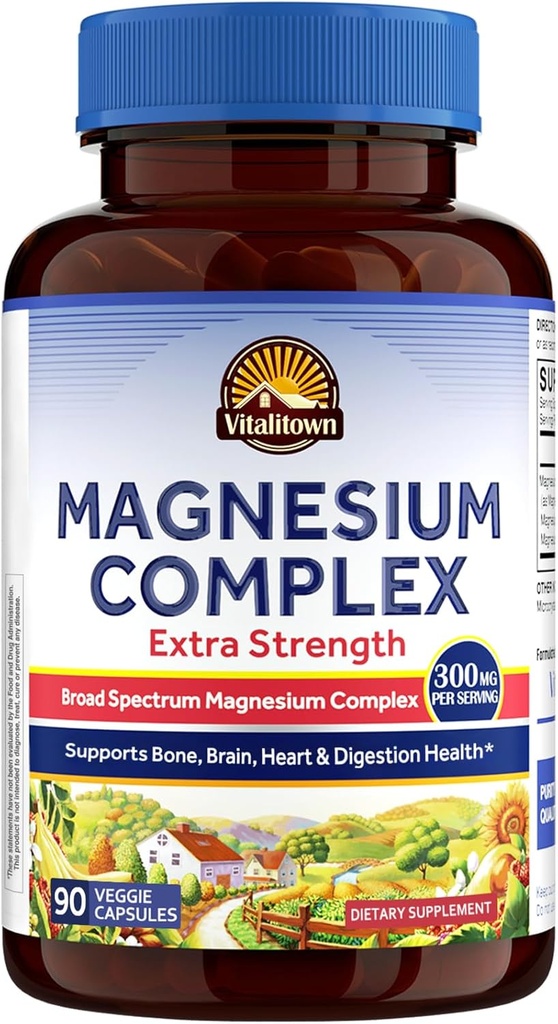 Vitalitown Magnesium Complex Supplement | 300mg Elemental Mag | Magnesium Citrate Glycinate Taurate Malate | Non-GMO, No Gluten, 90 Vegan Magnesio Capsules for Bone Brain Heart