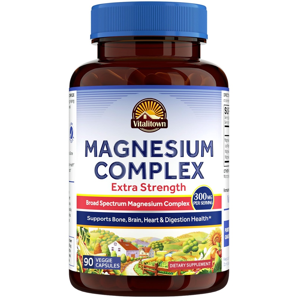 Vitalitown Magnezyum Kompleksi | 300 mg Elemental Mag | Magnezyum Citrate Glycinate Taurate Malate | Non-GMO, No Gluten, 90 Vegan Magnesio Capsules for Bone Brain Heart Heart