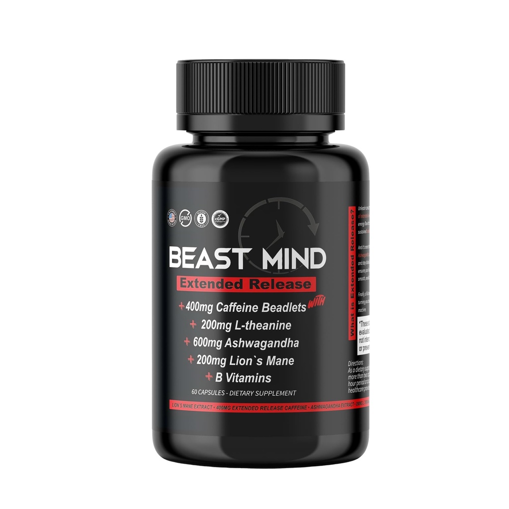 Beast Mind Extended Release Extreme Energy Pills | 400mg XR Caffeine | 600mg Ashwagandha | 200mg Lion's Mane, Increased Energy & Focus, Natural Nootropic Labs