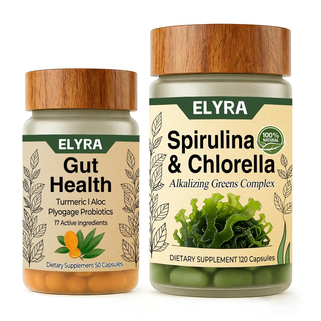 Elyra Gut Health Supplements, Gut Health Supports Digestive Balance for Women and Men, Energy & Immune Health, 50 + 120 Vegetarian Capsules (Gut Health + Spirulina)