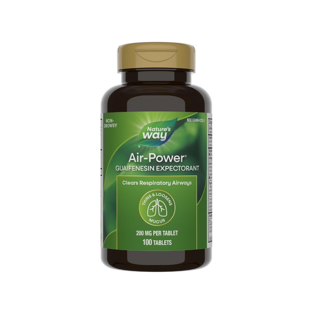Nature's Way Air-Power, Guaifenesin, Expectorant Mucus Relief, Clears Respiratory Airways, Thins & Loosens Mucus, Vegan, 100 Tablets (Packaging May Vary)