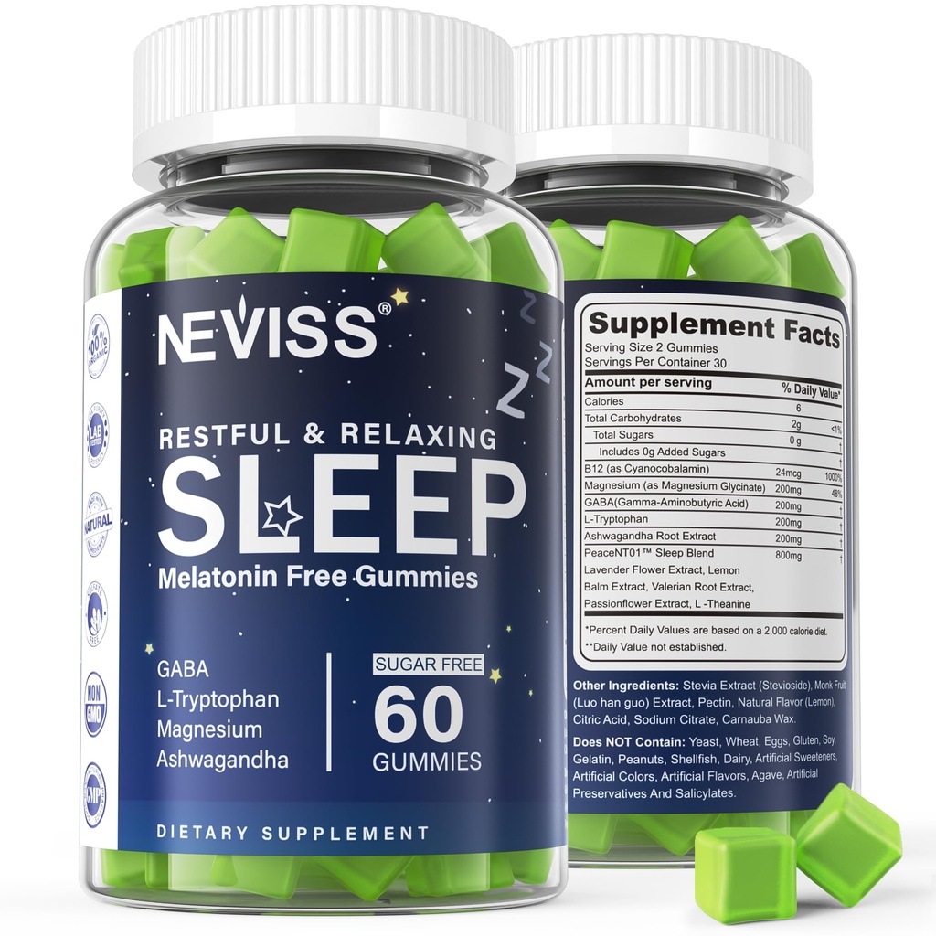 NEVISS Melatonin Free Sleep Aid Gummies for Yetişkinler - Magnezyum Glycinate Gummies | GABA, L-Tryptophan, Magnezyum, Ashwagandha - Non-Habit Form, Help for Deep Relaxation - Vegan, Lemon Flavor, 1Pack