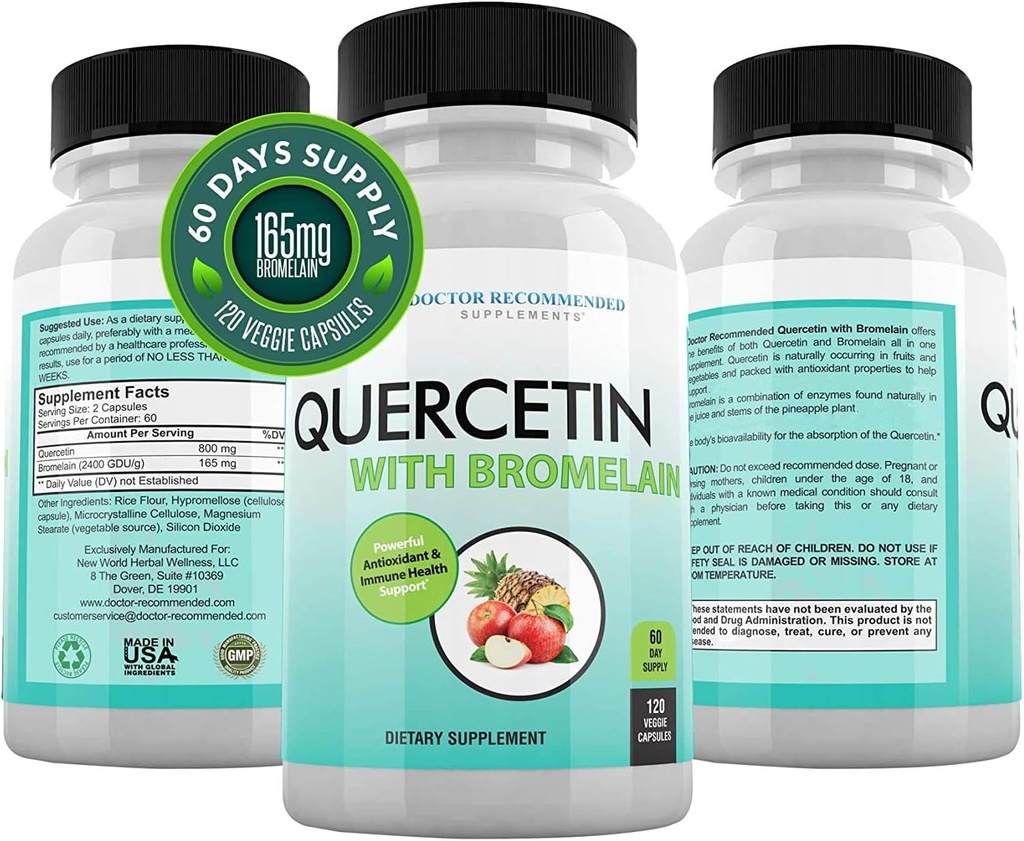 DOCTOR RECOMMENDED SUPPLEMENTS Quercetin 800 mg w/Bromelain 165 mg Per Servis- 120 Veggie Capsules-Full 60 Day Supply, Vitamin Supplement to Support & Bioflavonoids, Gluten Free, Non-GMO