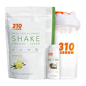 Vegan Organic Plant Protein Powder and Meal Replacement Shake With Shaker Cup and 2 Oz MCT Oil - By 310 Nutrition - Gluten, Dairy and Soy Free - 0g of Sugar | Keto and Paleo Friendly (Vanilla)