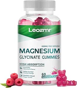 Γλυκινικό μαγνήσιο Gummies 1000mg - Συμπλήρωμα μαγνησίου χωρίς ζάχαρη με βιταμίνη D, B6, CoQ10 για υποστήριξη ηρεμίας & ύπνου - 60 Gummies Raspberry