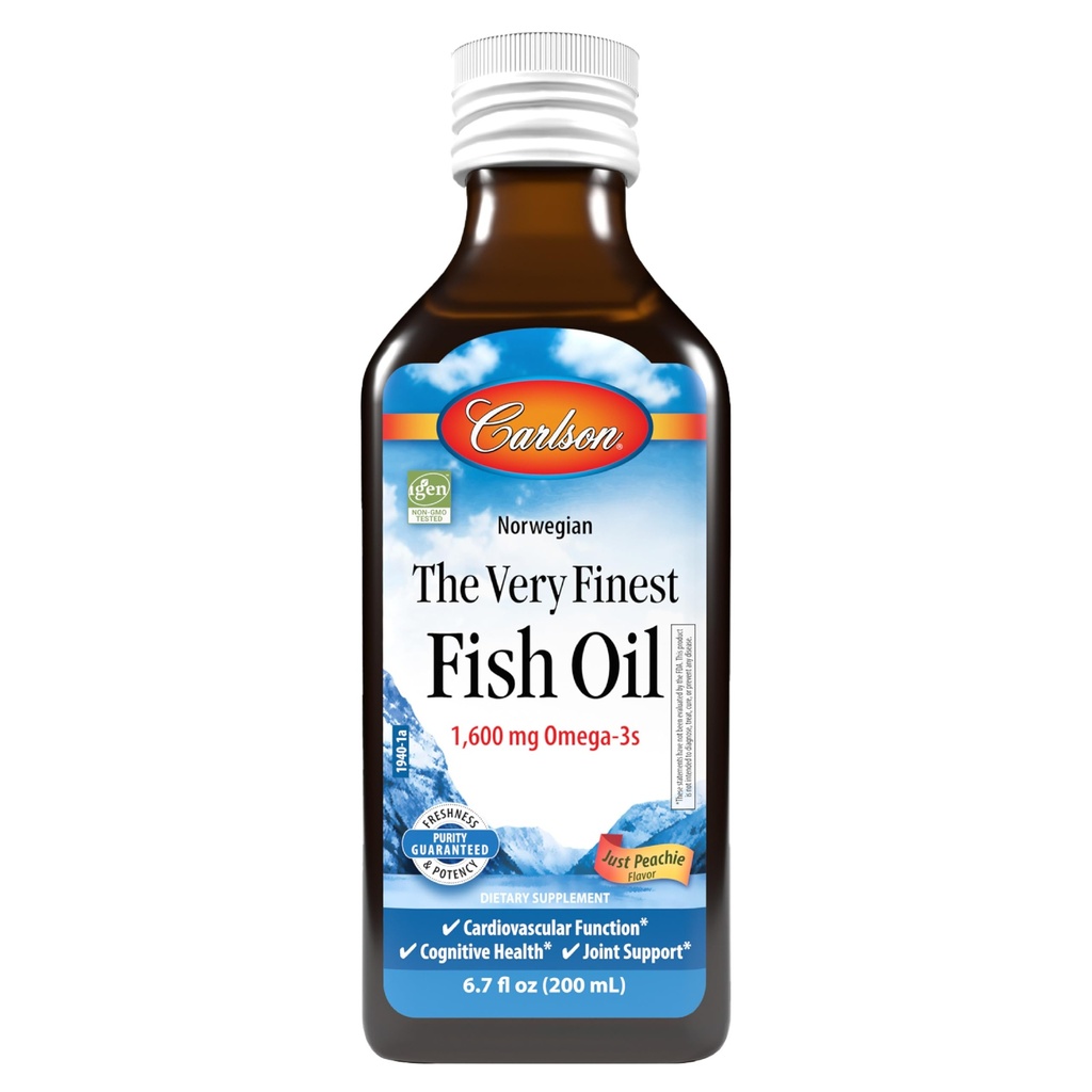 Carlson - The Very Finest Fish Oil, 1600 mg Omega-3s, Liquid Fish Oil Supplement, Norveç Fish Oil, Wild-Caught, Sustainable Sourced Fish Oil Liquid, Just Peachie, 200 mL (6.7 Fl Oz)