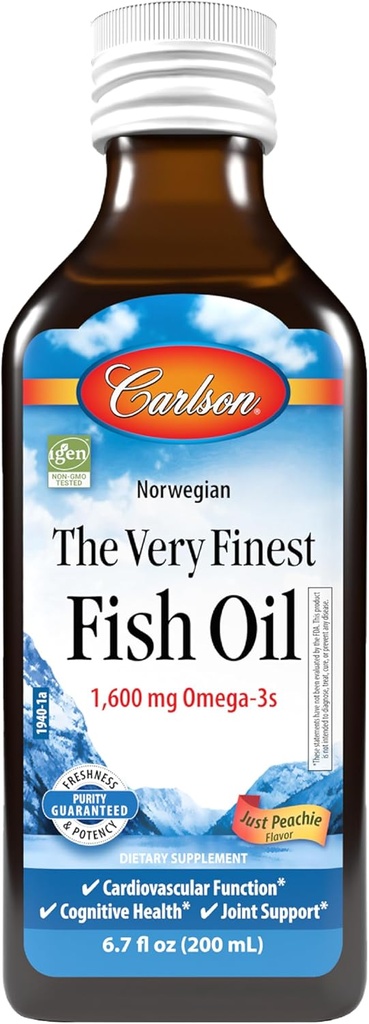 Carlson - The Very Finest Fish Oil, 1600 mg Omega-3s, Liquid Fish Oil Supplement, Norveç Fish Oil, Wild-Caught, Sustainable Sourced Fish Oil Liquid, Just Peachie, 200 mL (6.7 Fl Oz)