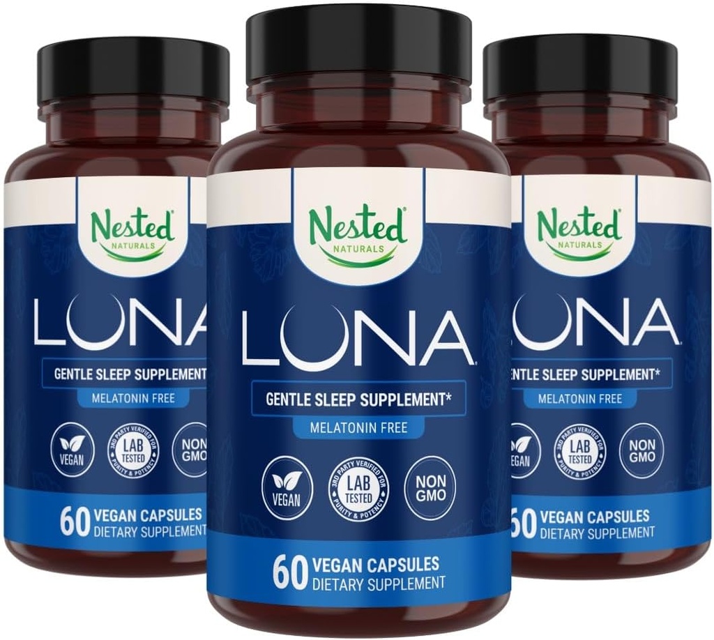 Nested Naturals Luna Melatonin Free, Non-Habit Herbal Sleep Supplement w/Chamomile, Valerian, L-Theanine, 180 Vegan Capsules (60 Capsules Per Şişe)