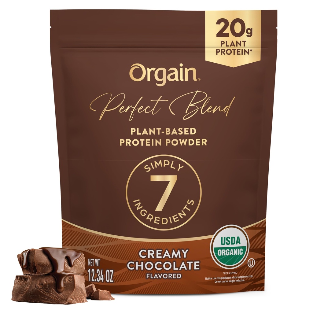 Orgain Organic Vegan Perfect Blend Protein Powder, 20g Clean Plant Protein, 7 Ingredients, <1g Sugar, Gluten Free, Non-GMO; No Artificial Flavors, Stevia Extract, Dairy or Soy Ingredients- Chocolate