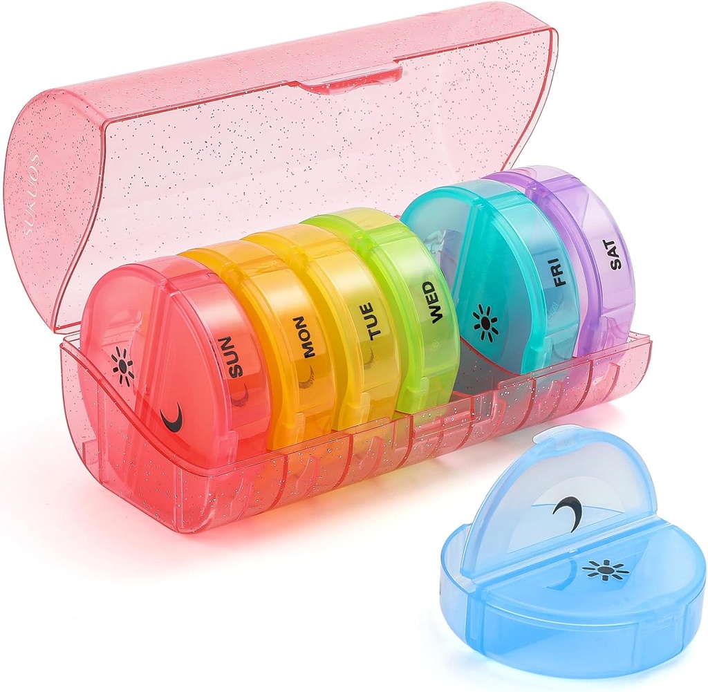 Sukuos Büyük Haftalık Pill Organizer 2 Times a Day, Daily Pill Box 7 Day Easy to Open with Double Protection, AM PM Pill Case for Medicine/Vitamin/Fish Oil /Supplements (Glitter Pink)