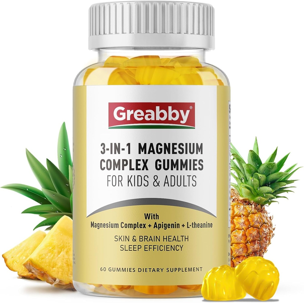 Triple Magnesium Complex Gummies - 800mg Μαγνήσιο Γλυκινικό & Κιτρικό, Απιγενίνη & L-Θεανίνη, για Παιδιά & Ενήλικες, Φυσικά Κοιμώμενο & Μυϊκά Κραμπ (60 Count)