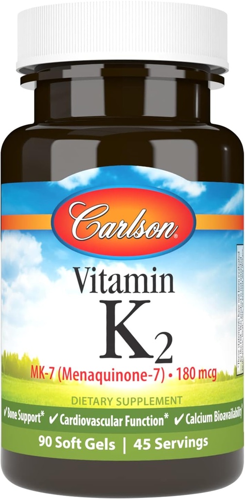 Carlson - Vitamin K2 MK-7 (Menaquinone), 180 mcg, Bone Support,dis Bioavailability, K2 Vitamin, K-2, 90 Softgels