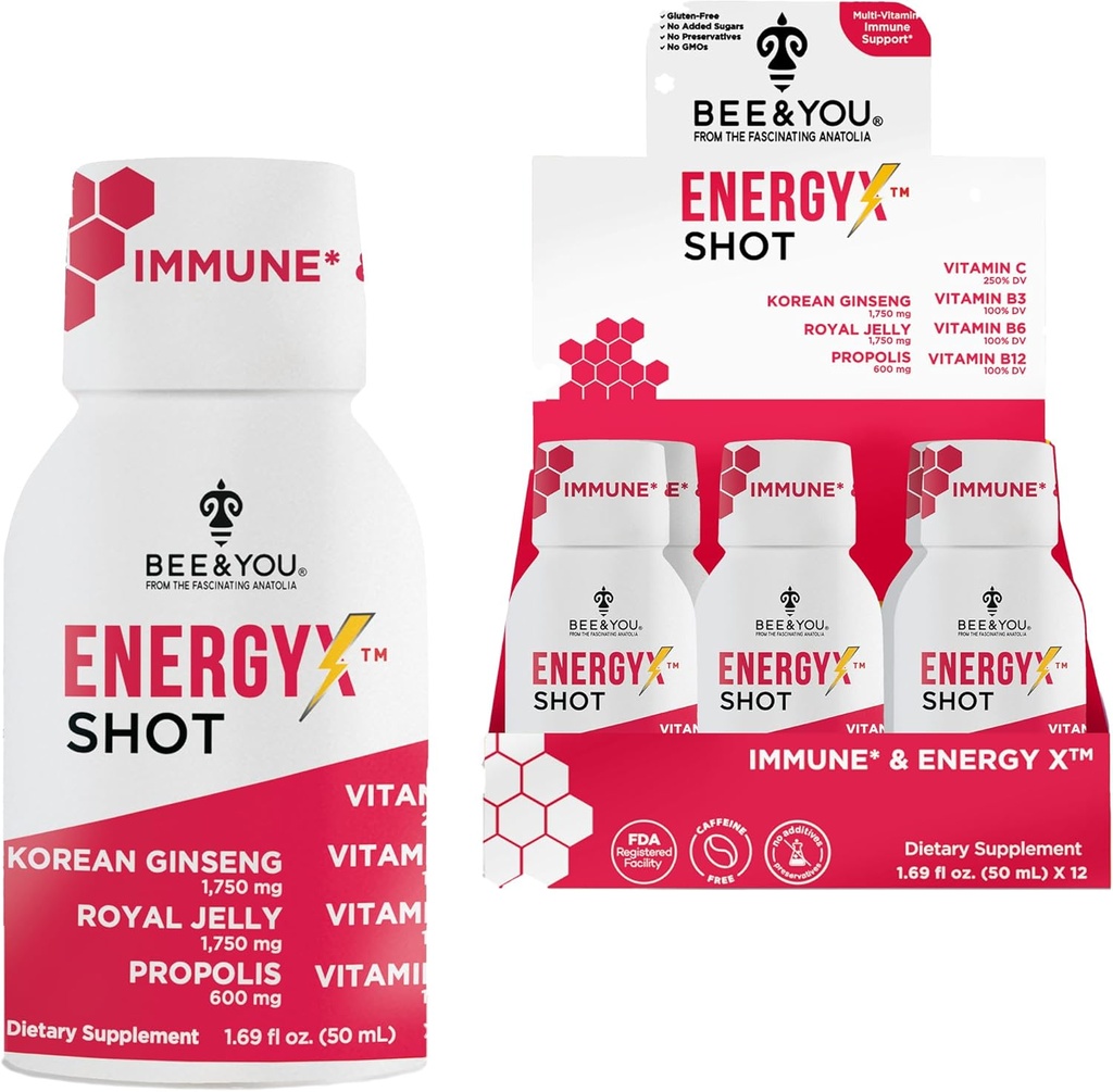 Arı ve You Energy X Shot, 12 Pack, Kore Red BTC, Royal Jelly, Propolis, Caffeine Free Energy Drink, B6, B12, Immune Support Supplement, Antioksis, Pomegranate Flavor