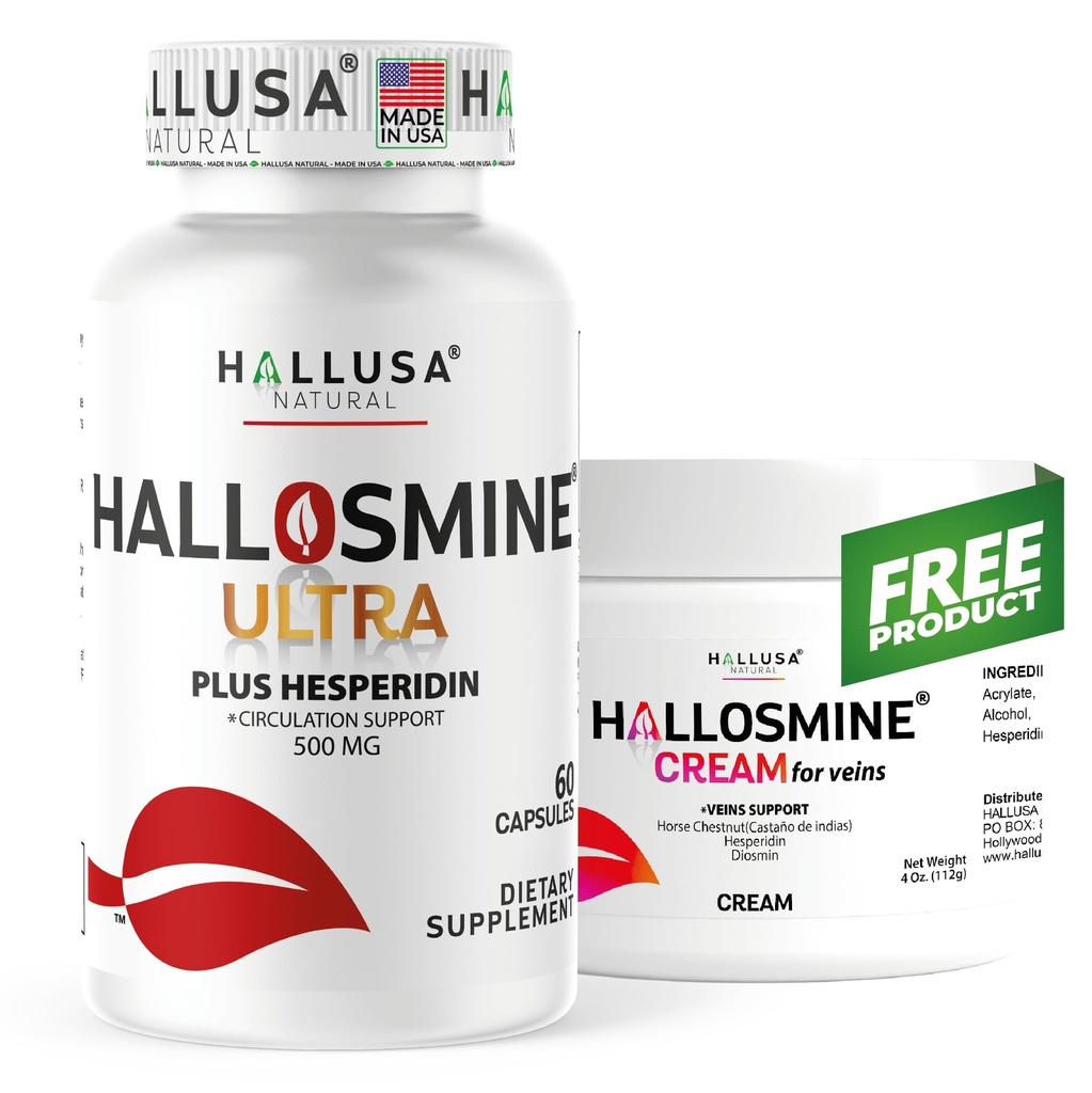 Hallusa Natural Hallosmine Ultra Diosmin & Hesperidin Supplement, 60 Capsules + Free Botanical Leg Cream with Diosmin, Hesperidin & Horse Chestnut, 4 oz | Non-GMO & Gluten Free | Made in USA