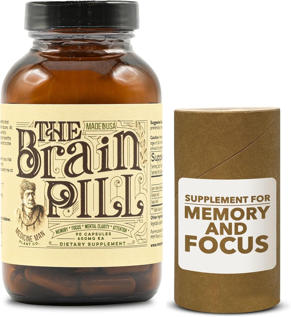 The Brain Pill 90 Κάψουλες – Organic Brain Booster Supplement - Χάπια μνήμης για το Brain w/ Ginkgo Biloba κάψουλες, Mane & Sage του Λέοντος - Συμπλήρωμα Booster εγκεφάλου για εστίαση, μνήμη, σαφήνεια, ενέργεια