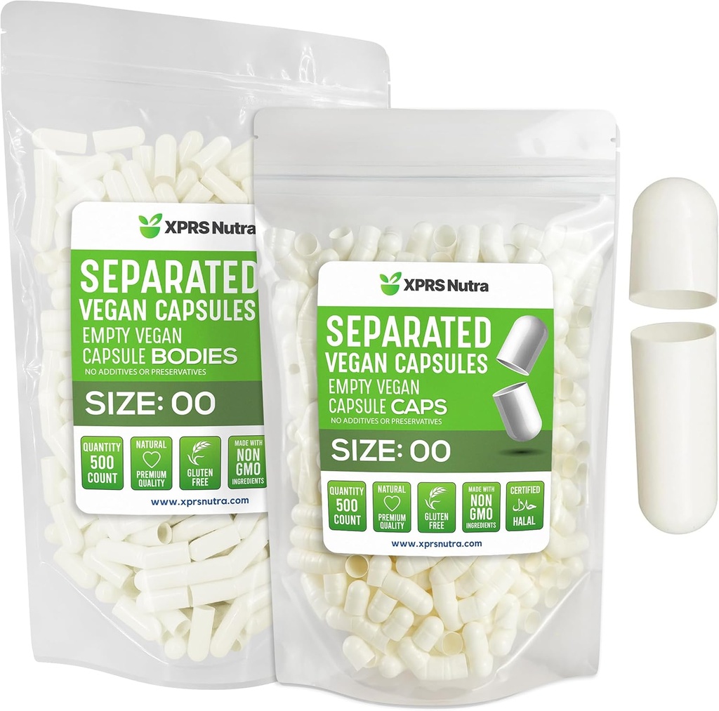 XPRS Nutra Vegan Size 00 Separated Capsules - 500 Count Premium Empty Capsules Separated in Bags - 00 Pills Empty for DIY Supplement Filling (White)