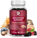 Mushroom Gummies, 1 Lions Mane Mushroom Kompleksi Reishi, Chaga, Cordyceps & More for Adult, Support for Brain, Focus, Cognitive & Immune Health, Vegan, Raspberry Flavor, 60