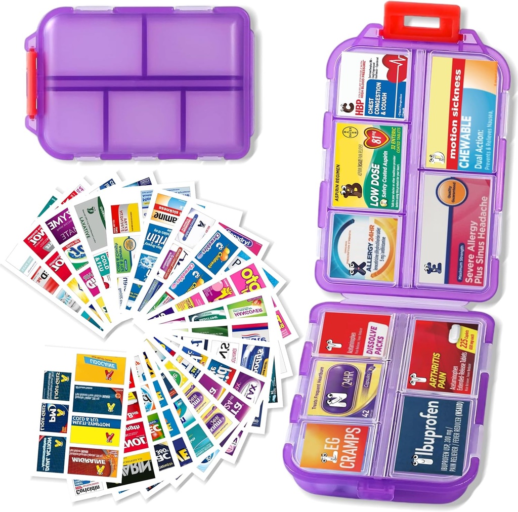 Pill Organizer Tıp Etiketler Seyahat Günlük Pill Konteyner Mini İlaç Organize Depolama Pill Organizer Travel Essentials Pill Case 7 Day (Purple & 161 Lables)