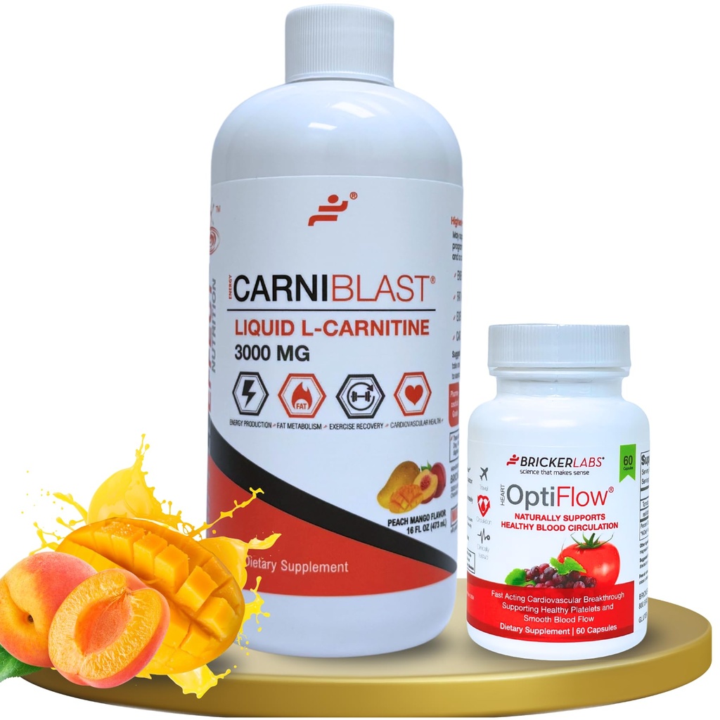 Bricker Labs Power and Performance Duo: Carniblast Sıvı L-Carnitine 3000 mg & Optiflow Blood Flow Supplement, 60 Capsules