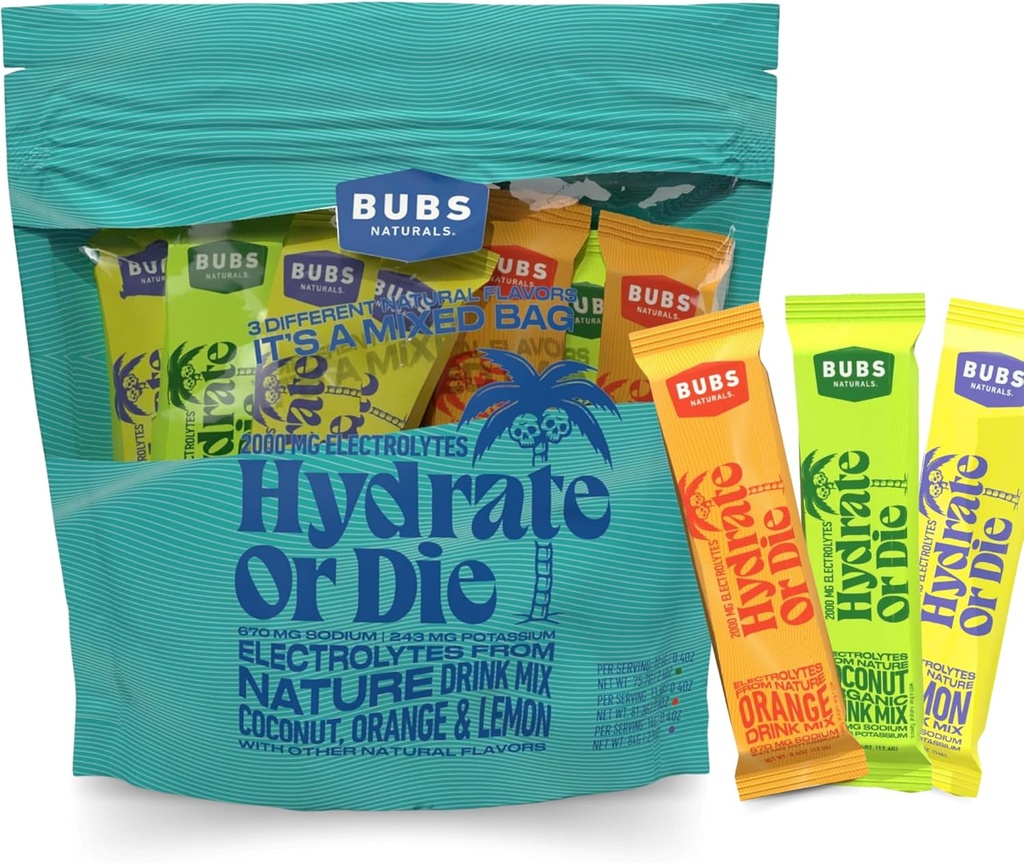 BUBS Naturals Hydration Toz Çeşitli Paketi Hydrate veya Die Electrolyte Toz, All-Doğal, Keto-Friendly, Gluten-Free, & No Sugar, Boosts Energy & Stamina Advanceds Recovery, 18 Hizmetler