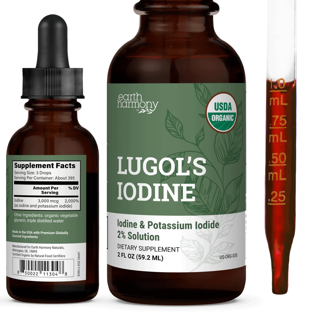 Organik Lugol'un Iodine, Iodine ve Pyumide 2 Çözüm 3000 mcg - Kadınlar ve Erkekler için Tiroid Desteği, Metabolism Health, Detox Boost - Non-GMO, 395 Hizmetler (2 Oz)