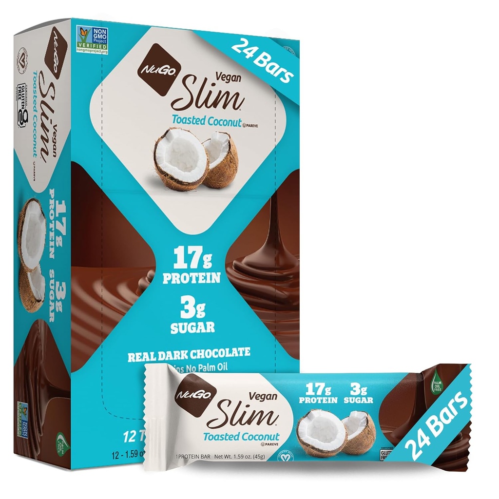 Nugo Slim Σκούρο σοκολάτα φρυγανισμένη καρύδα, 16g Vegan πρωτεΐνη, 3g ζάχαρη, 7g ίνες, χαμηλό καθαρό υδατανθράκων, Keto φιλικό, χωρίς γλουτένη, 24 κόμης