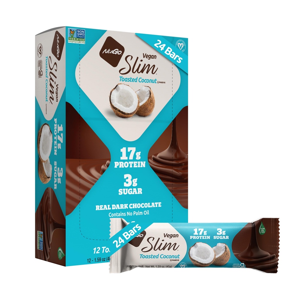 Nugo Slim Dark Chocolate Tosted Coconut, 16g Vegan protein, 3g Sugar, 7g Fiber, Low Net Carb, Keto Friendly, Gluten Free, 24