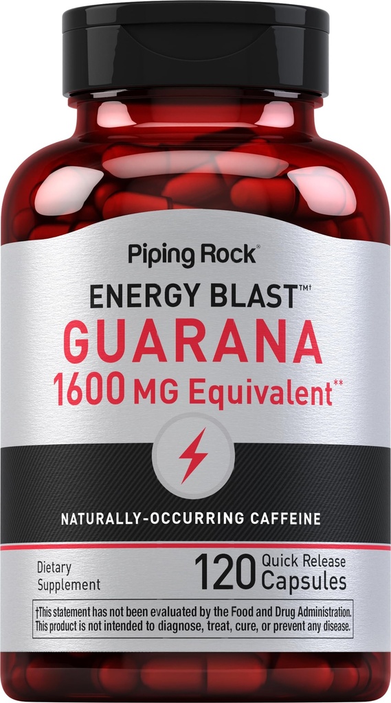 Piping Rock Guarana Capsules | 120 Count | Mega Strength Powder Extract Pills | Non-GMO, Gluten Free Supplement