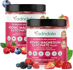 Adndale 180 CT Magnezyum Glycinate Gummies 400 mg/Serv, Ashwagandha, Magnezyum Malate & Taurate, Sugar Free Chews for Yetişkinler & Kids ile.