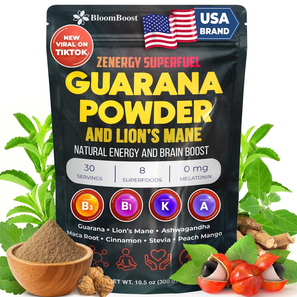 BloomBoost Guarana Powder 1,000mg Per Serv - Lion’s Mane, Ashwagandha, Maca... Natural Caffeine Energizer, Brazilian Herbal Extract, Bulk Superfood, Vegan Friendly, & Non-GMO - 10.6oz (75 Servings)