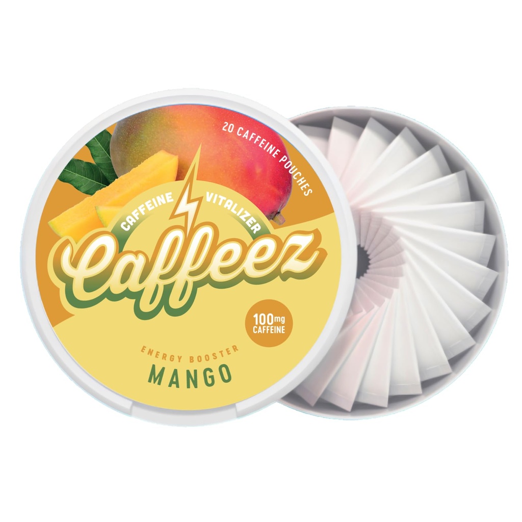 CAFFEEZ VITALIZER CAFFEINE™ - Energy Pouches | Caffeine Pouches | 50mg Natural Caffeine | 250mg Guarana | 0 Calories | 0 Sugar | 20 Pouches Per Can | 1 Tin or 1 Sleeve (1 Tin, Mango)