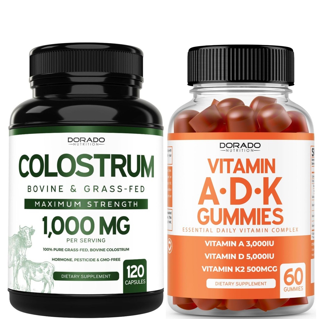 Colostrum (120 Count) Bovine Colostrum Capsules συμπλήρωμα για ενήλικες και ADK βιταμίνη D3 (60 Gummies) D & K - 10 Vegan συμπλήρωμα - Delicious Raspberry Flavor - Μη ΓΤΟ Δοκιμασμένο τρίτο μέρος - USA Made