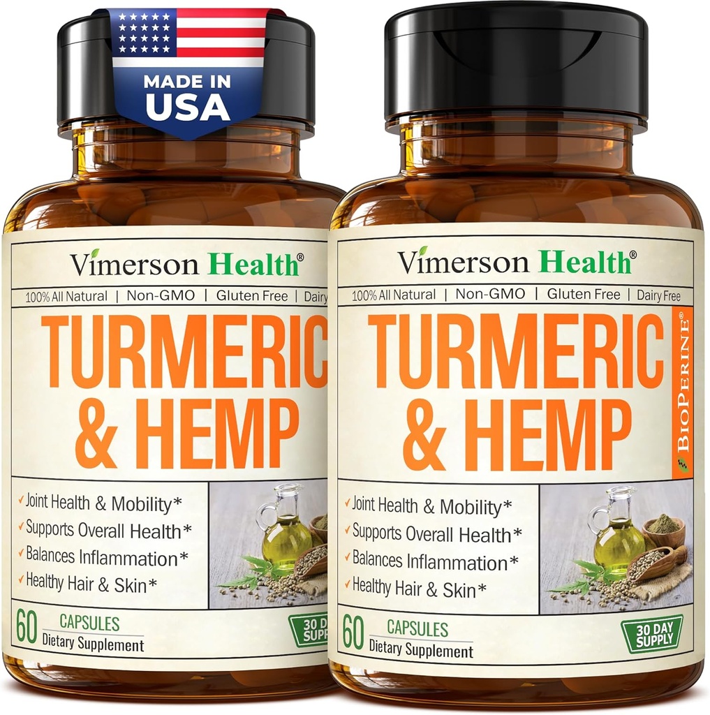 Turmeric Curcumin Supplement with Hemp Seeds & Lemon Balm Extract – Ortak Sağlık ve Hareketlilik – Calm Mood & Restful Sleep – Black Pepper for Abors – Ortak Supplement for Men & Women - 2 Pack
