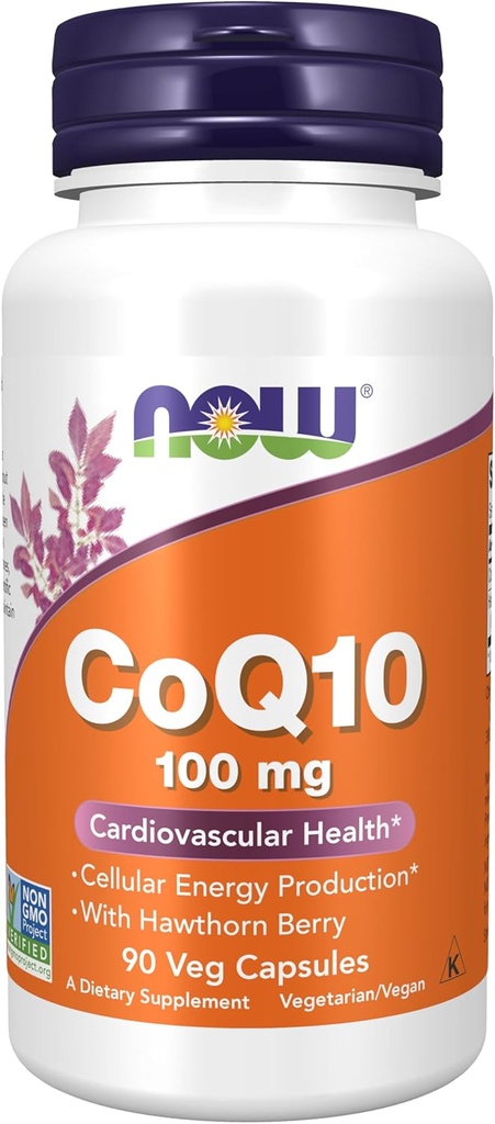NOW Συμπληρώματα τροφίμων, CoQ10 100 mg με Hawthorn Berry, Pharmaceutical Grade, All-Trans Form που παράγεται με ζύμωση, 90 Veg Κάψουλες