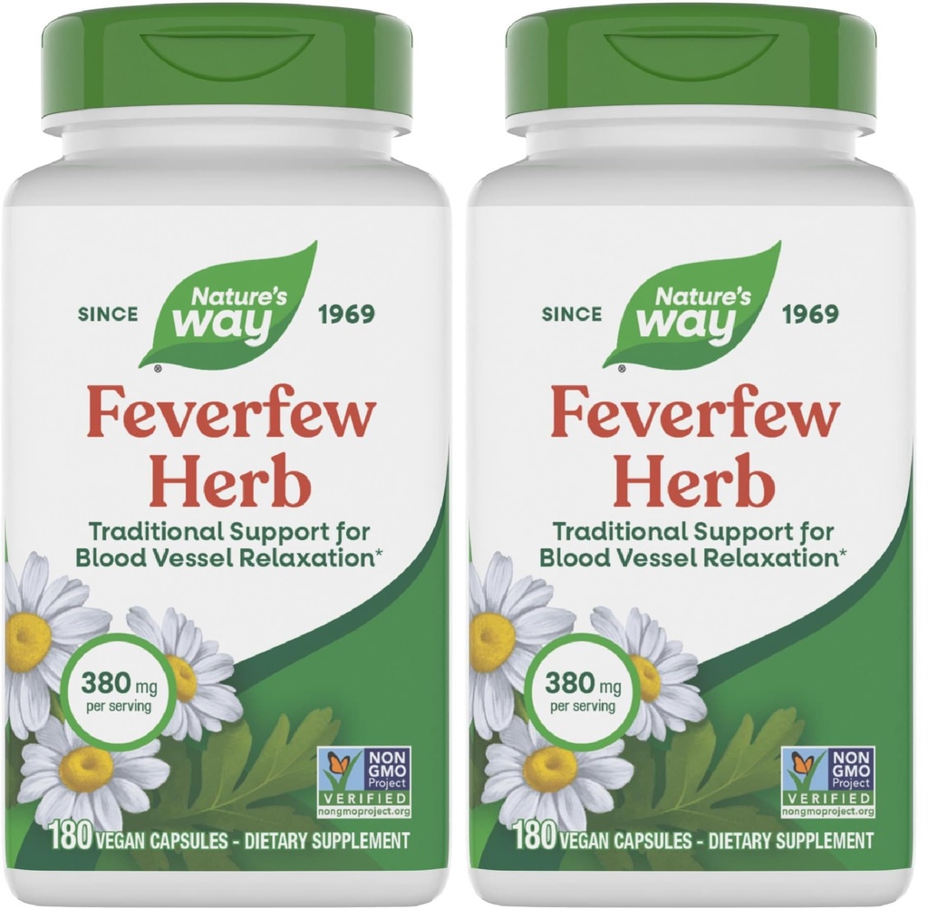 Nature's Way Feverfew Herb,Traditional Support for Blood Vessel Relaxation*,380 mg per Serving,Non-GMO Project Verified,180 Vegan Feverfew Capsules (Packaging May Vary),(Pack of 2)