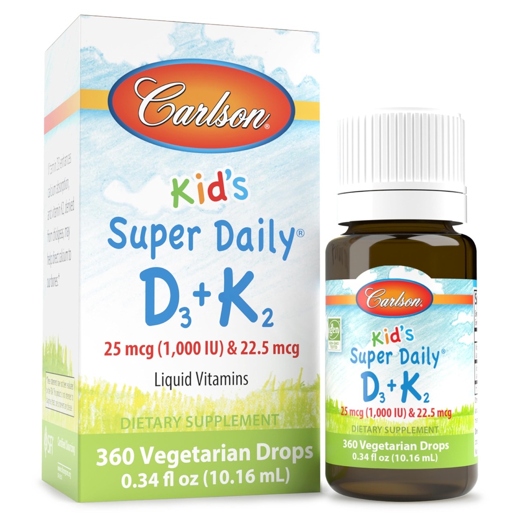 Carlson - Παιδική Super Καθημερινή D3+K2, 25 mcg (1.000 IU) D3 & 22,5 mcg K2, Βιταμίνη D Σταγόνες με Βιταμίνη K2, Υγρές Βιταμίνες, 1000 IU Βιταμίνη D3, Υγεία της Καρδιάς & των Οστών, 1-Ετος Προμήθεια, Άγευστη, 360 σταγόνες