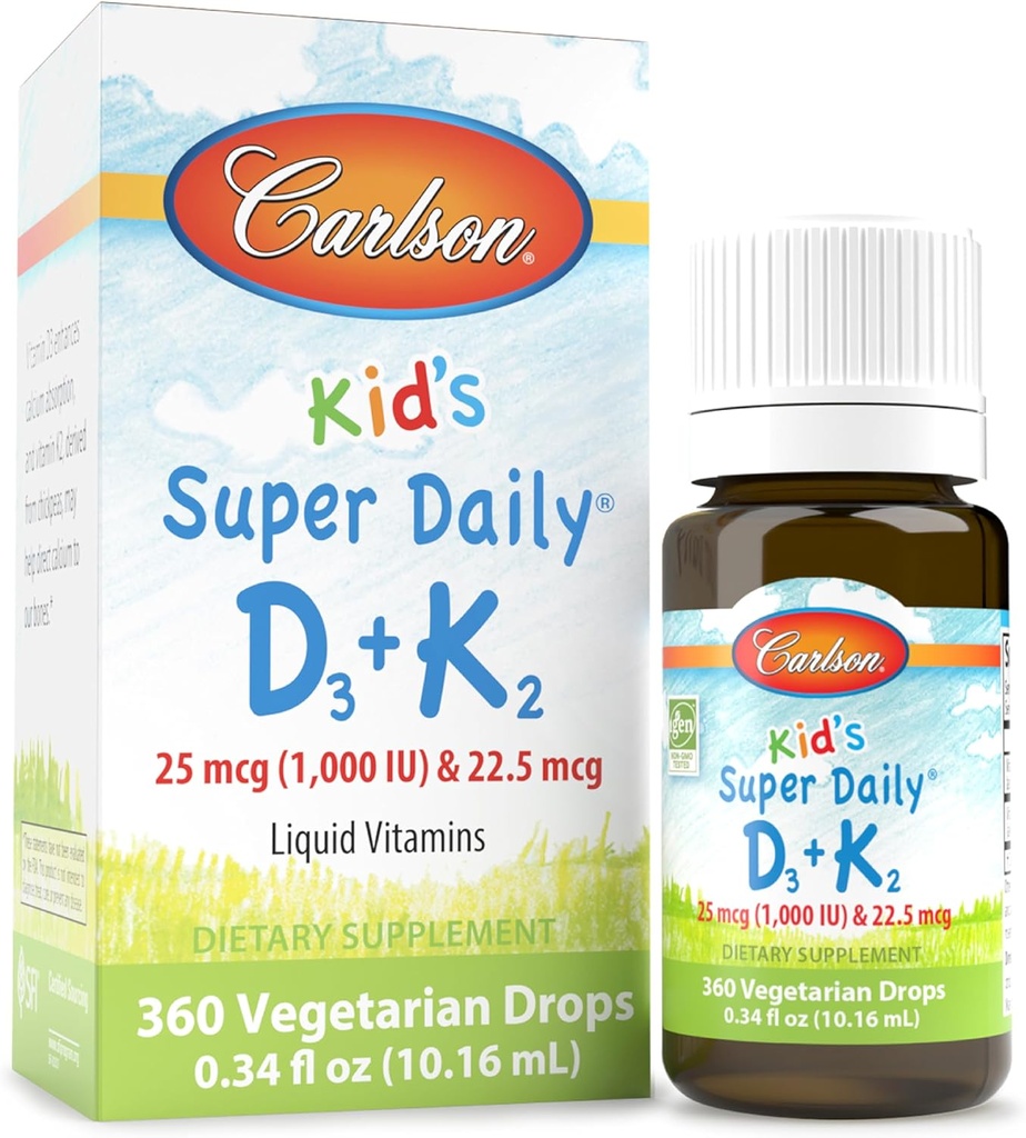 Carlson - Παιδική Super Καθημερινή D3+K2, 25 mcg (1.000 IU) D3 & 22,5 mcg K2, Βιταμίνη D Σταγόνες με Βιταμίνη K2, Υγρές Βιταμίνες, 1000 IU Βιταμίνη D3, Υγεία της Καρδιάς & των Οστών, 1-Ετος Προμήθεια, Άγευστη, 360 σταγόνες
