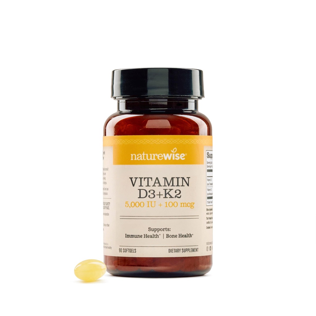 NatureWise Vitamin D3 5000IU + K2 (MK7) 100mcg with Organic Extra Virgin Coconut Oil - Supports Calcium Absorption, Bone & Immune Health - Non-GMO, Soy & Gluten-Free - 90 Softgels[90-Day Supply]