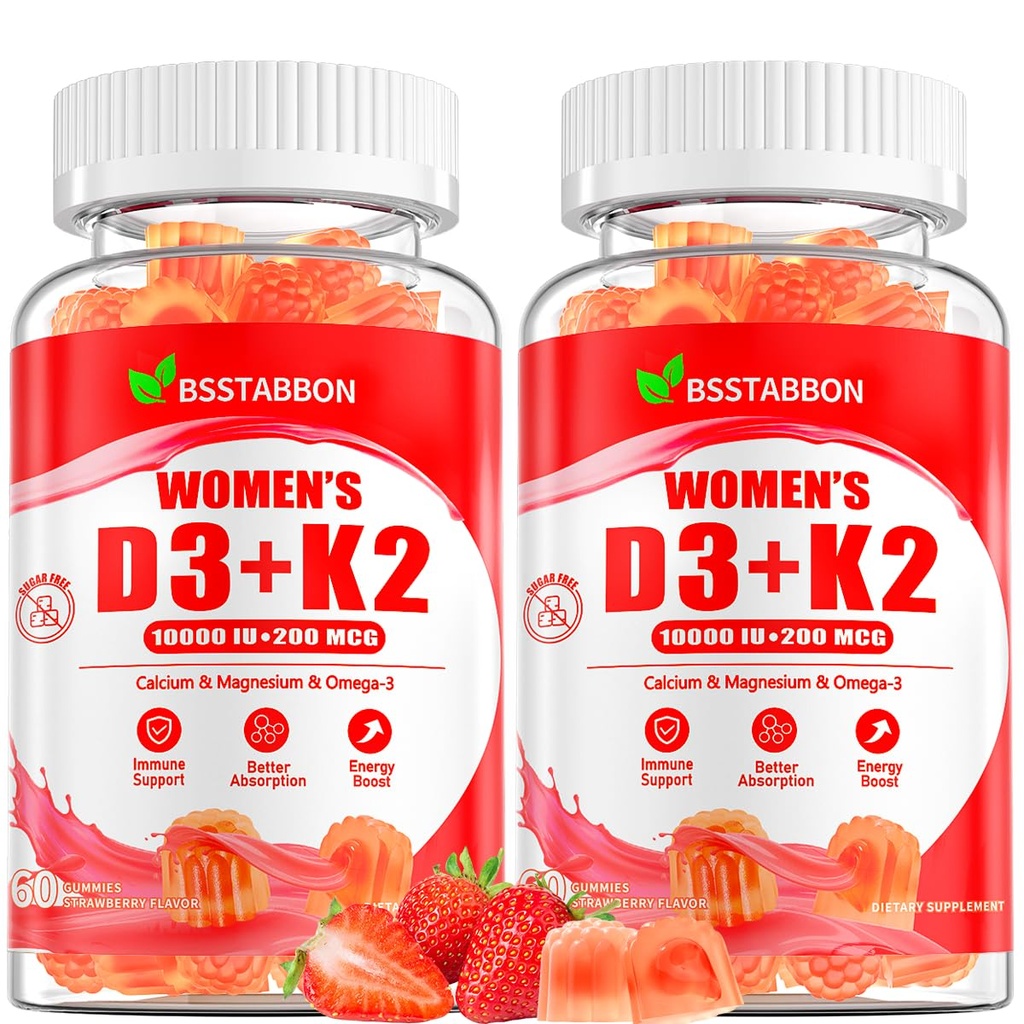 Organic Women’s D3 K2 Vitamin Gummies: D3 10000 IU Chewable Vegan Multivitamins Supplement with B12 B6 B9 Plus Magnesium Omega Zinc Calcium - for Immune Energy Skin Support (120Count)