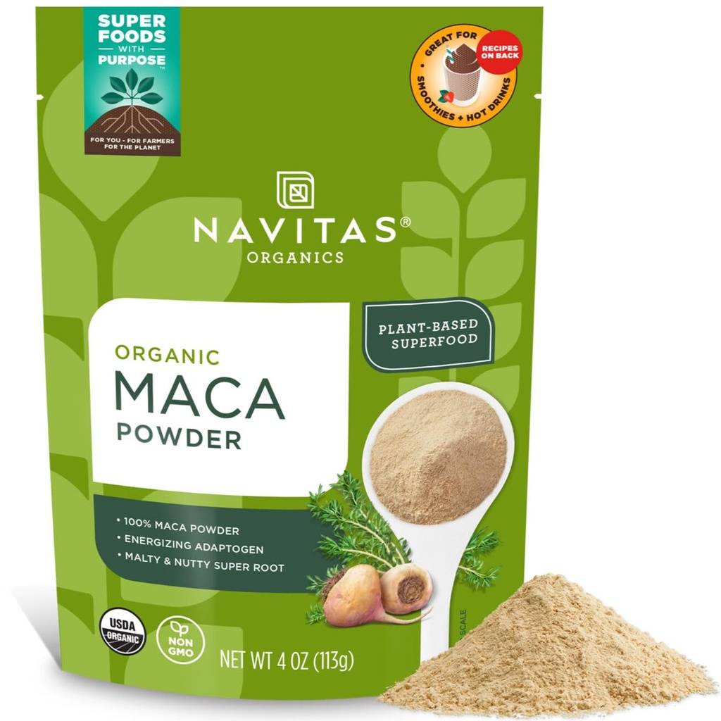 Navitas Organics Maca Powder – 100% Ζελατινοποιημένο Περουβιανό Maca για Adaptogen Smoothies, Lattes, Bakeing & More – Ενεργοποίηση & Ισορροπία - USDA Organic, Non GMO, Vegan, Gluten Free (4oz. Τσάντα, 23 Services)