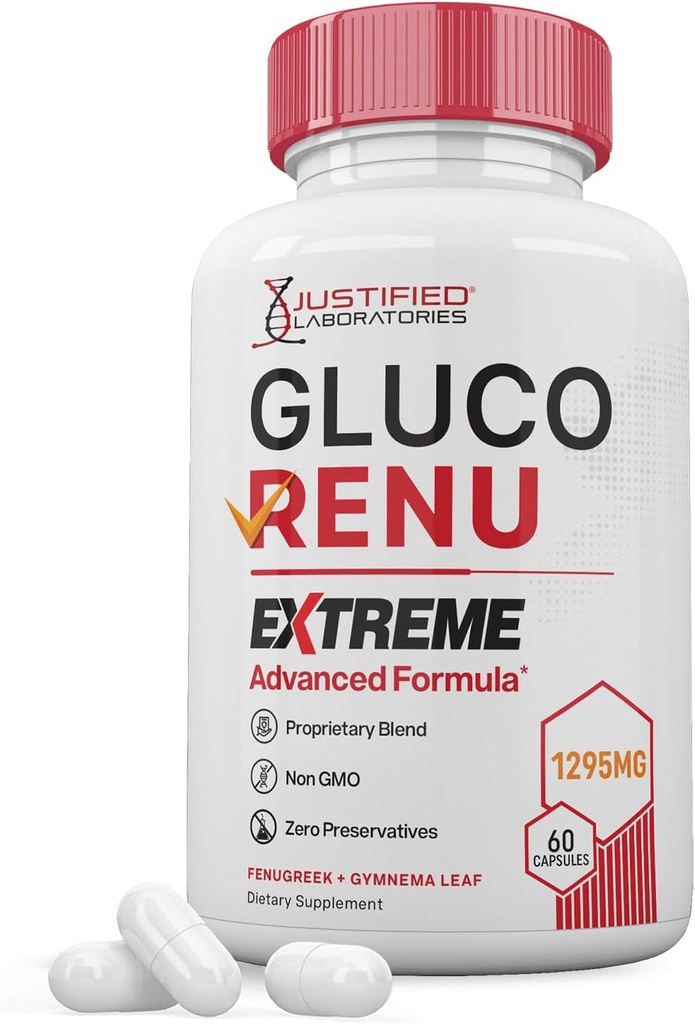 Gluco Renu Extreme 1295MG Glyco Support Pills Advacned Formula Gluo Renew Glycogen Support Formulated with Turmeric Berberine Resveratrol Bit Bitter Melon Butle 60 Capsules