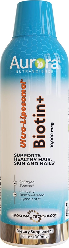 Aurora Nutrascience Ultra-Liposomal Biotin 10.000 mcg Collagen ATM Supplement, Sağlıklı Saç, Skin & Nails, Caramel Flavor, 30 Hizmet, 10 fl oz