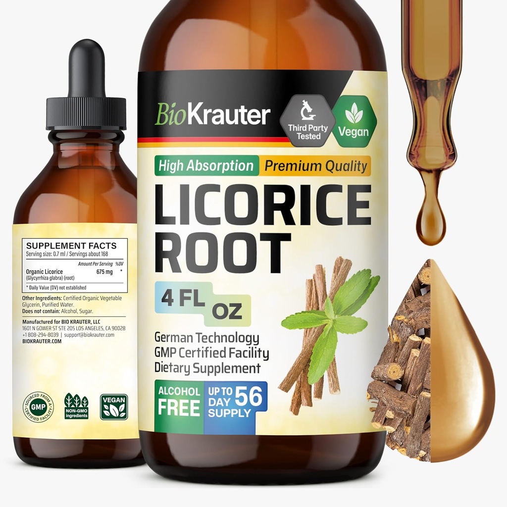 BIO KRAUTER Licorice Root Tincture - Digestive Support - Alkol ve Şeker Free - Vegan Drops 4 Fl.Oz.