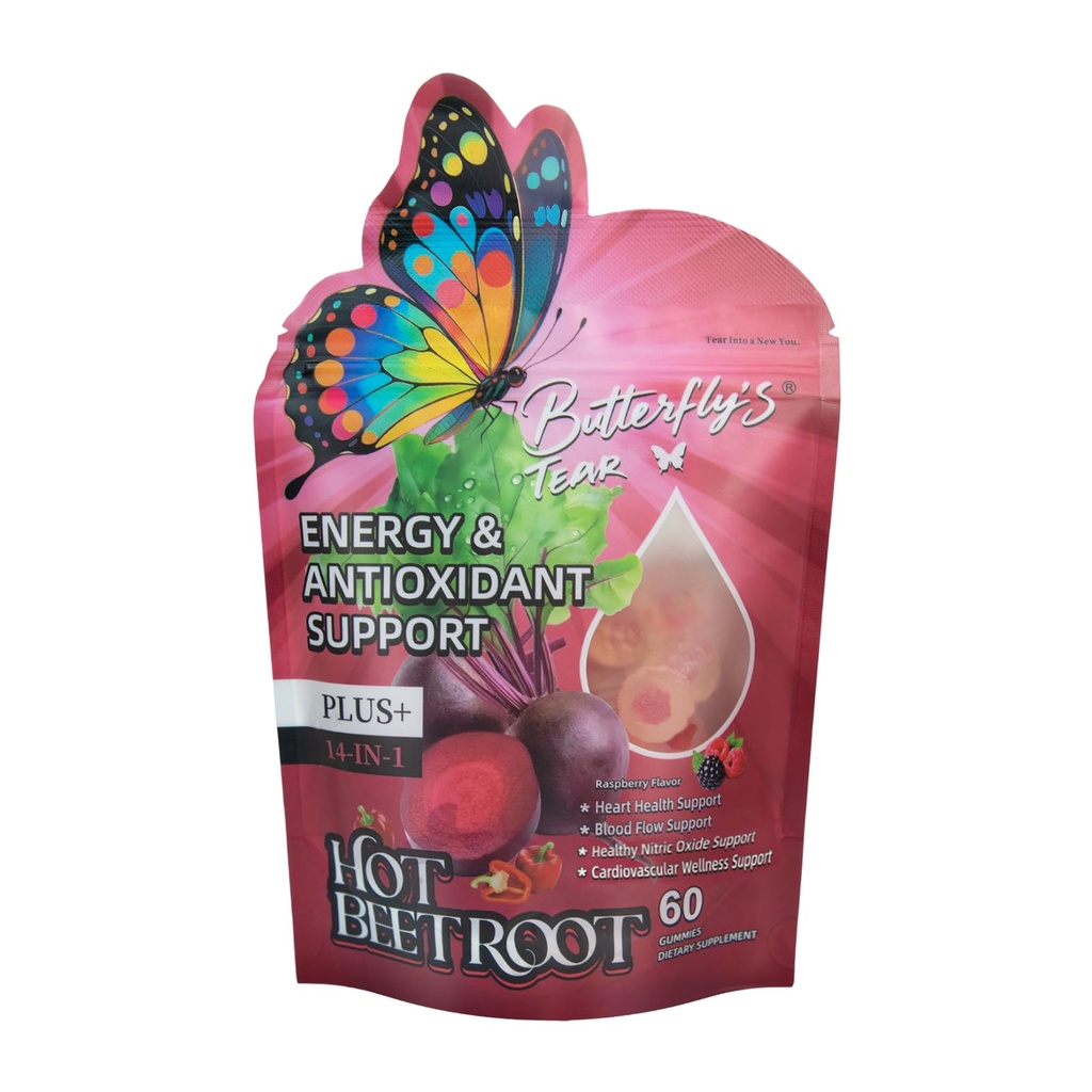 BUTTERFLY'S TEAR Beet Root Gummies – Beetroot Supplement for Circulation, Heart & Blood Pressure Support, Nitric Oxide Beets Gummies with Vitamin D3, K2, E, Grape Seed, Sugar Free, 60 Count