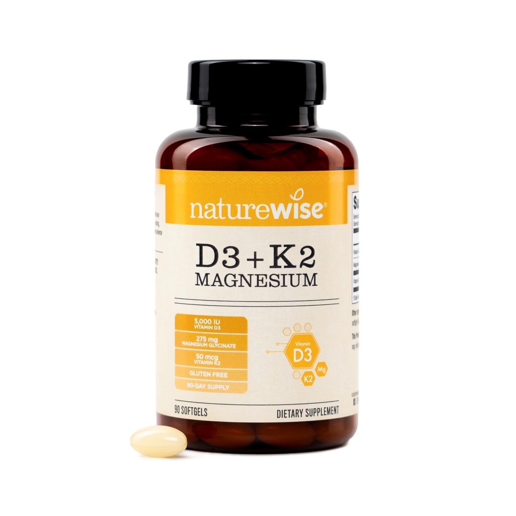 NatureWise Vitamin D3 K2 Magnesium Glycinate 275mg - Extra Strength Vitamin D3 5000IU + K2 50mcg - High Absorption Chelated Magnesium - Bone Support - Non-GMO, USA Manufactured - [90 Day Supply]